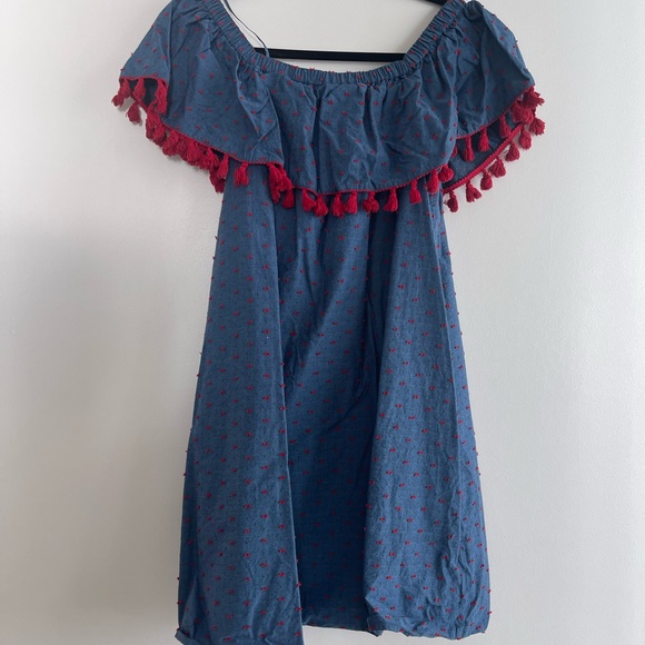 cooper & ella Dresses & Skirts - Off the shoulder chambray dress with red tassels